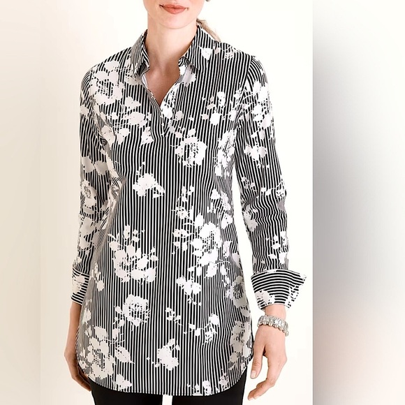 Chico's No-Iron Stretch Floral Striped Tunic 3/4 Sleeve Black White Large 12/14 - Picture 1 of 10
